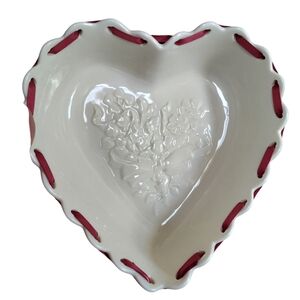 Longaberger Heart-Shaped Ceramic Bowl with Red Ribbon Accents  KK